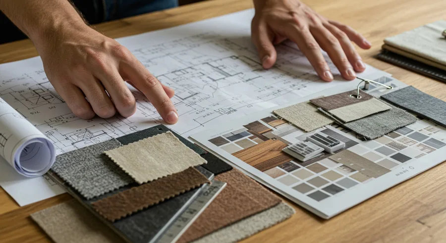 A mans hands looking over plans of a house build